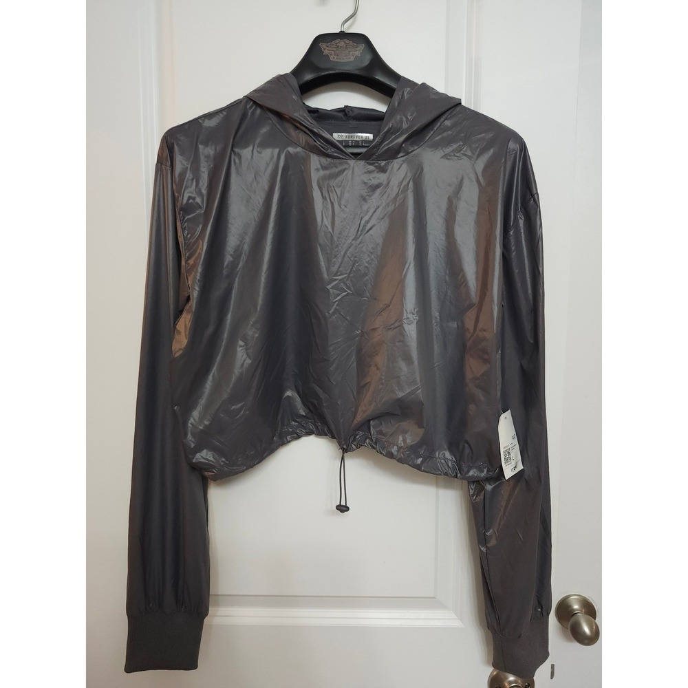 Forever 21 Womens Charcoal Cropped Hooded Active Jacket Size L
